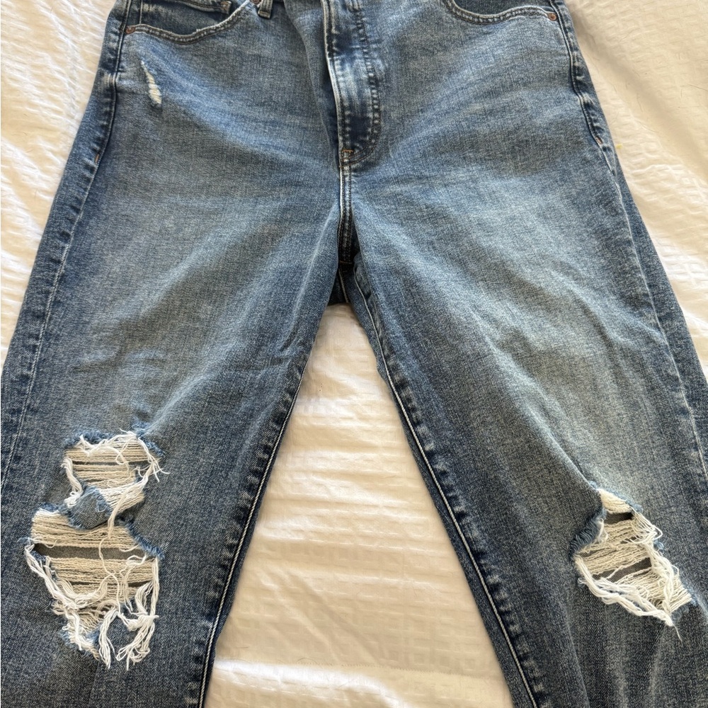 Express Super High Waisted Ripped Raw Hem Mom Jeans